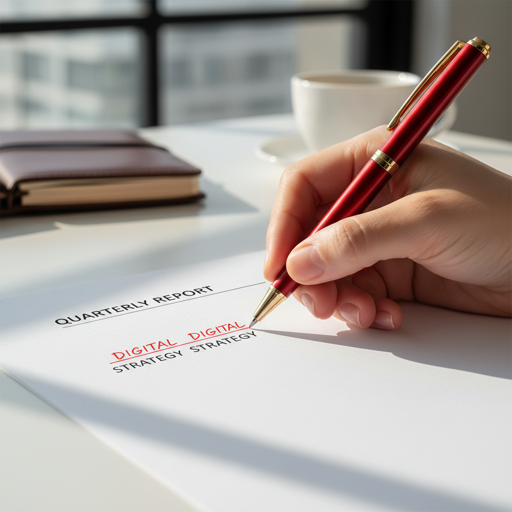 A close-up shot of a hand holding a red pen, precisely correcting text on a piece of white paper with natural sunlight coming from a window, professional and clean atmosphere.