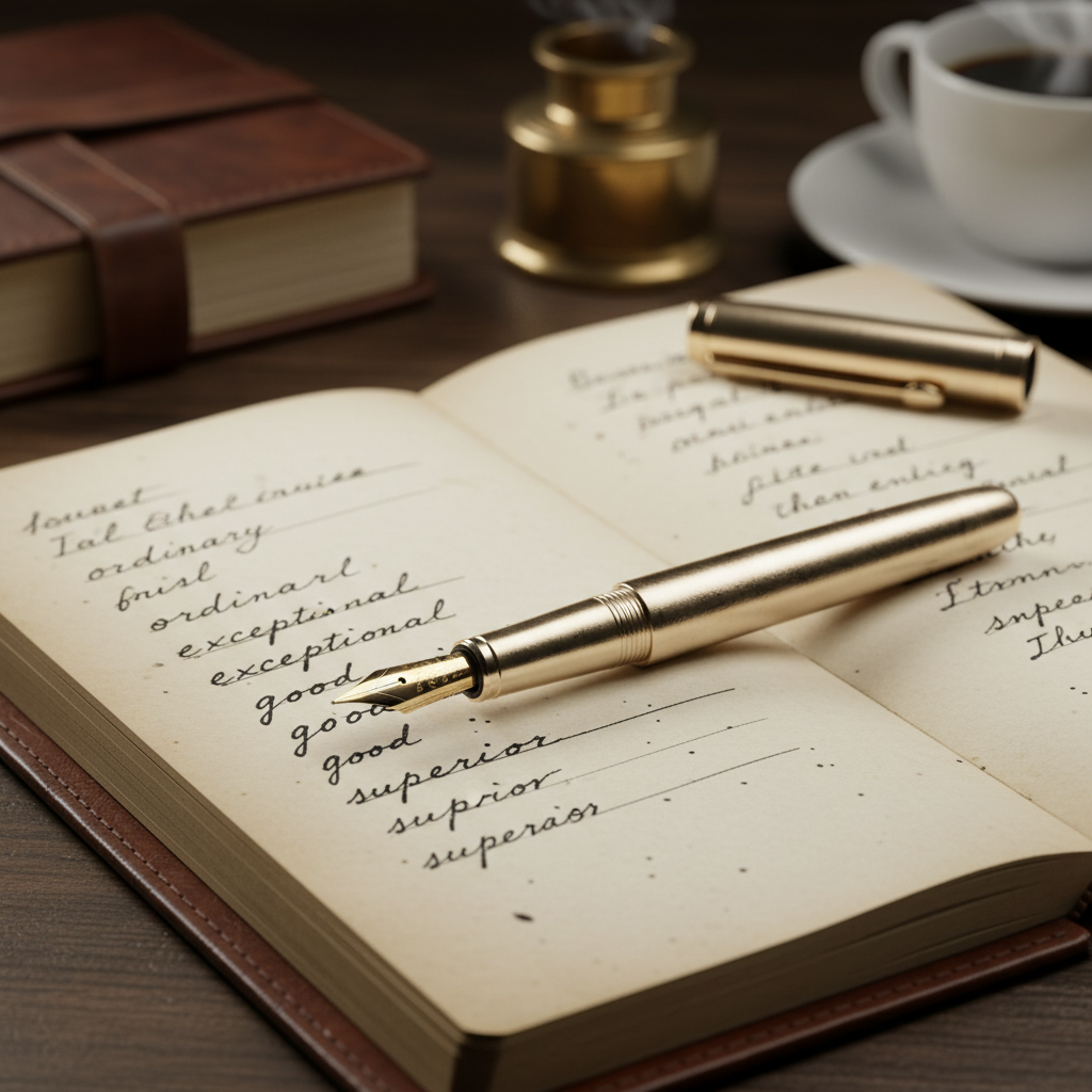 A macro photo of a vintage fountain pen lying on a notebook with handwritten sentences where some words are crossed out and replaced with better ones, soft focus background.